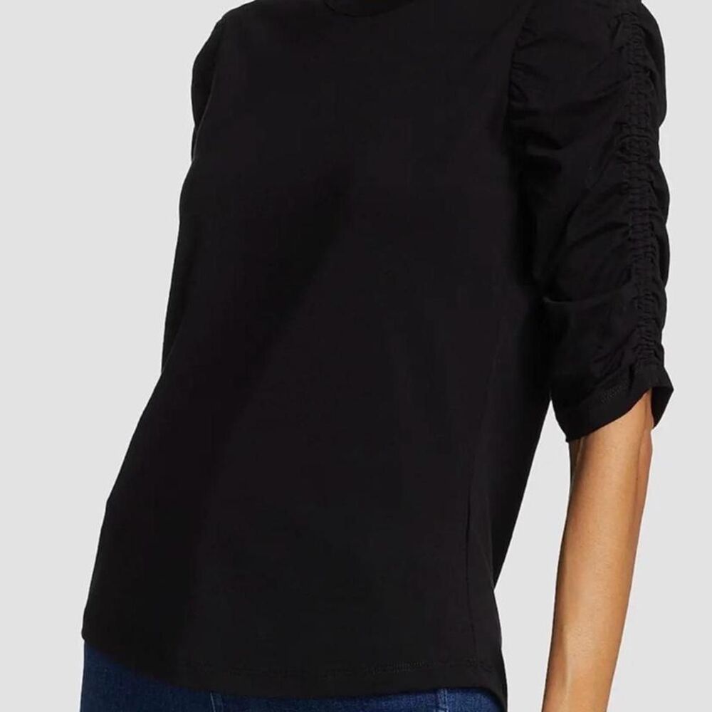Veronica Beard Waldorf Ruched Sleeve T-Shirt Black Pima Cotton Size Small